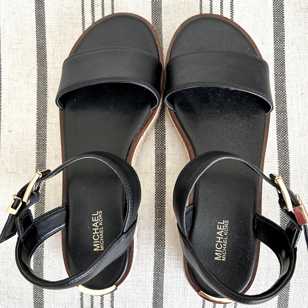 MICHAEL Michael Kors Black Leather Espadrille Sandals with Gold Hardware